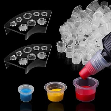300pcs Tattoo Ink Caps with 2pcs Tattoo Ink Cups Holder - SML Mixed Size Tattoo Caps Tattoo Cups with Wide Cup Edge Tattoo Ink Mixer Set Tattoo Supplies