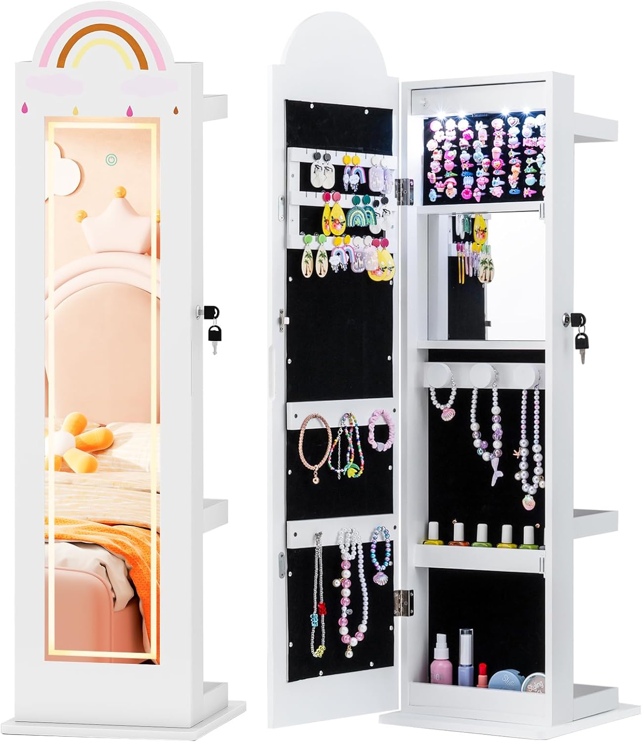 Costzon Kids Jewelry Armoire Cabinet with LED Lights, Lockable Standing Jewelry Organizer with Full-Length Mirror, Rack & Storage Shelves, Children Dress Up Jewelry Cabinet for Little Girls (White)