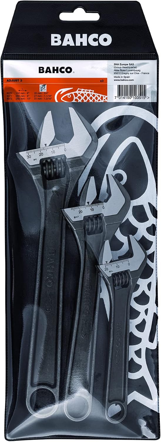 Bahco Adjustable Spanner Triple Pack Contains 8070 8071 8072 16 Degree Head Angle. Black