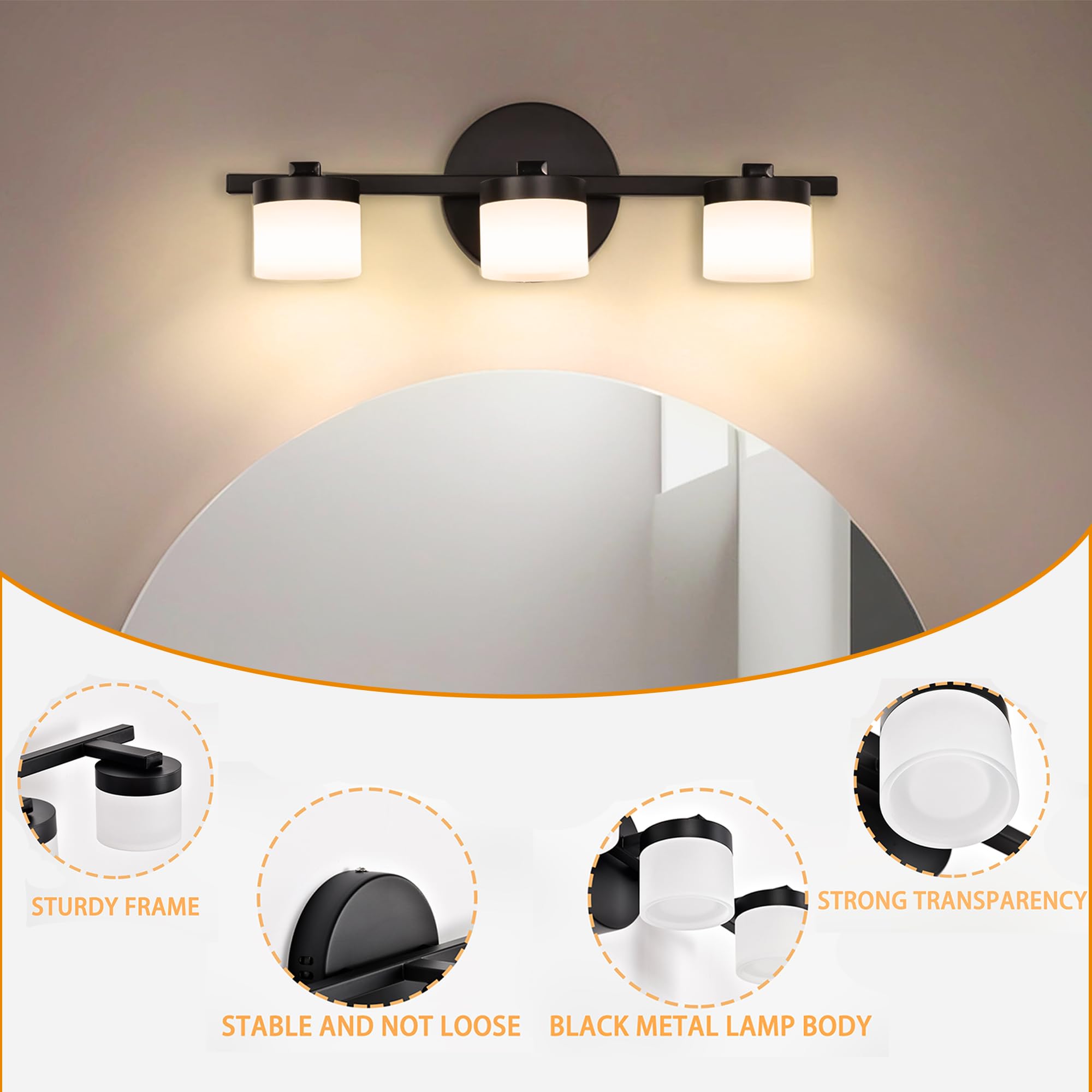 Alighting Moderne 3-flammige LED Badezimmer Wandleuchte in Schwarz – 40 cm breit, mit 3000K warmweißem Licht & satinierten Acrylschirmen, ideal für Spiegelbeleuchtung