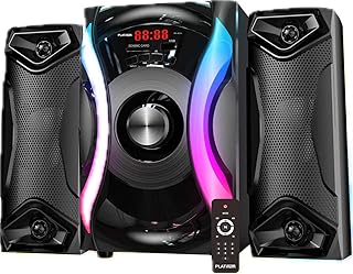 مضخم صوت بلوتوث 2 × 1 بإضاءة ليد لون أسود بقوة 20 وات + 10 وات 2 USB لون أزرق بمنفذ AUX وجهاز تحكم