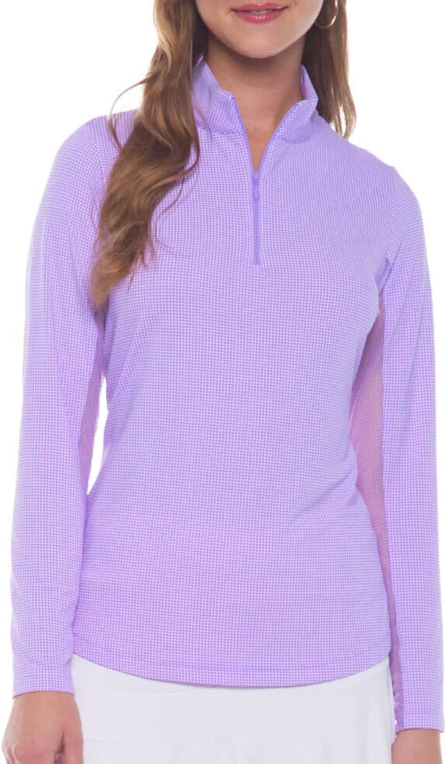 IBKUL Athleisure Wear Sun Protective UPF 50+ Icefil Cooling-Mini Check Long Sleeve Mock Neck Top