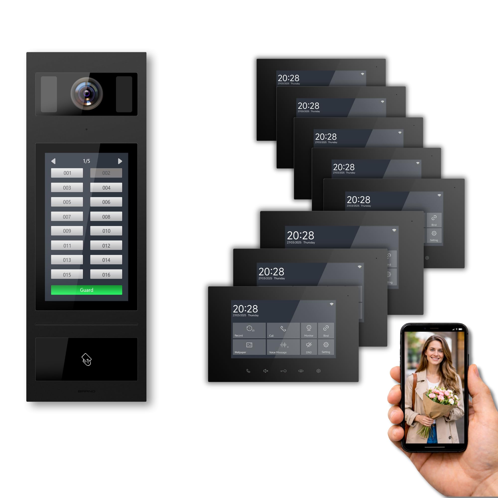 SCHUTZER Video-Türsprechanlage 9 Familienhaus, 2-Draht Bus Türsprechanlage mit Kamera, 9x7 Zoll WiFi Innenmonitor Schwarz, Videotürklingel mit Monitor, Sprechanlage mit Türöffner, RFID