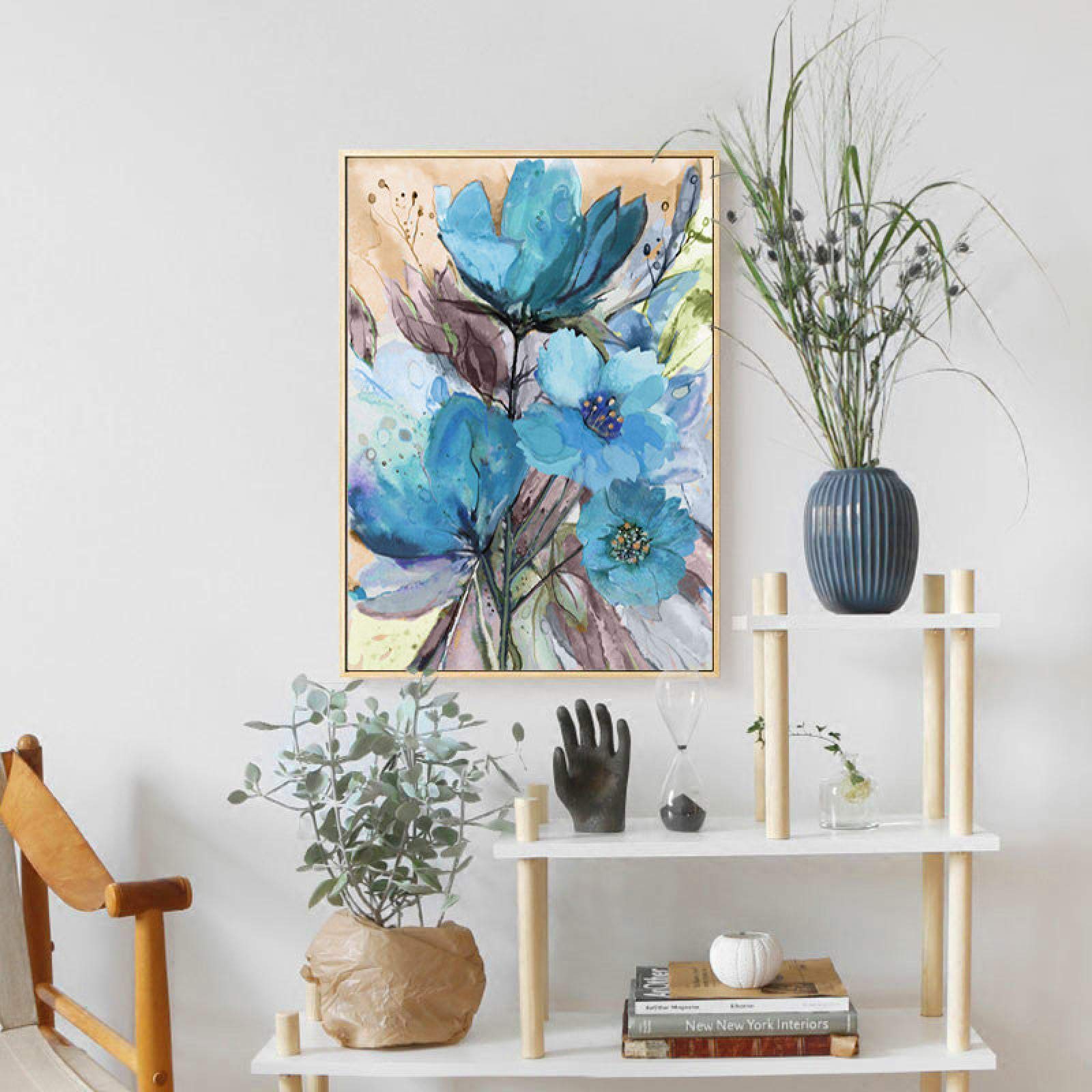 Acuarela flores azules cartel planta abstracta lienzo pintura moderna pared arte impresión imagen pasillo sala de estar decoración 70x90cm marco interior
