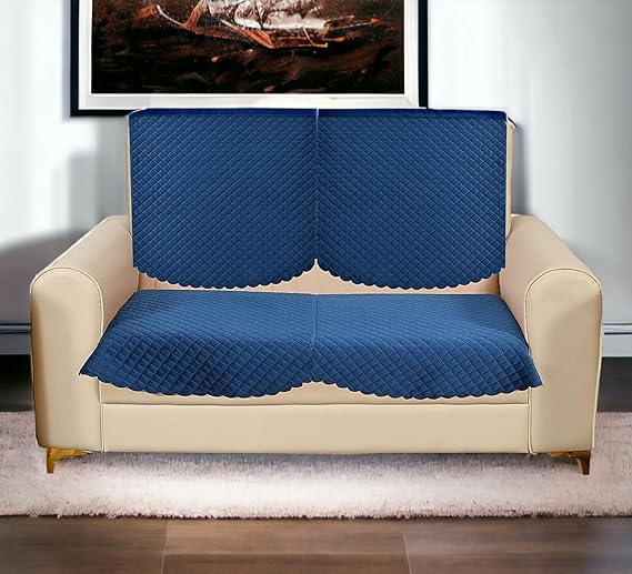 CASA-NEST 2 Seater Self Design Quilted Sofa Cover, Set of 2 Pieces. (2 Seater, Blue)