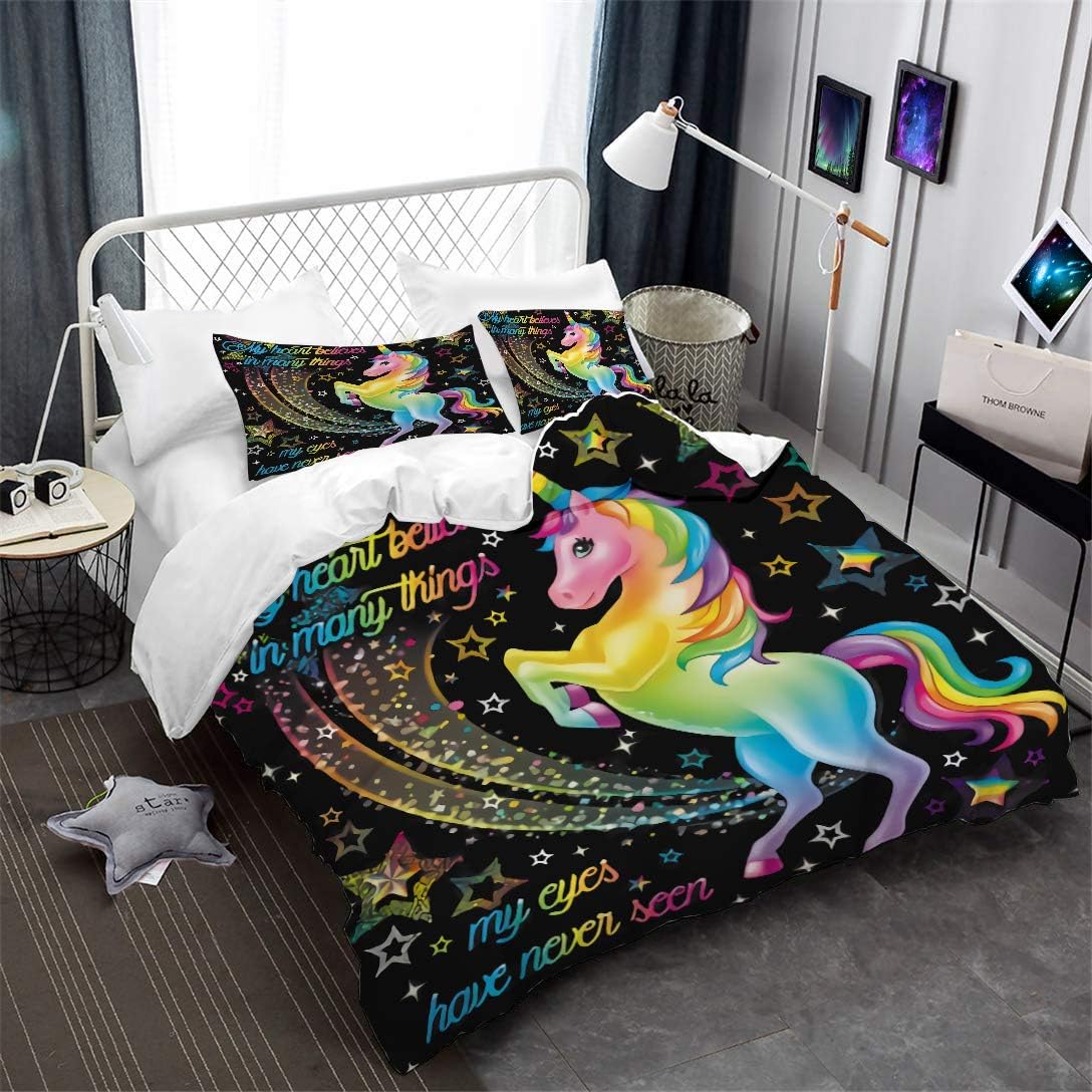 MUSOLEI Unicorn Bedding Set Kids Unicorn Single Duvet Cover and Pillowcase Children's Bedding Set Girls and Pillowcase Zipper Bed Cover Quilt Cover Gift (Black - Image 3