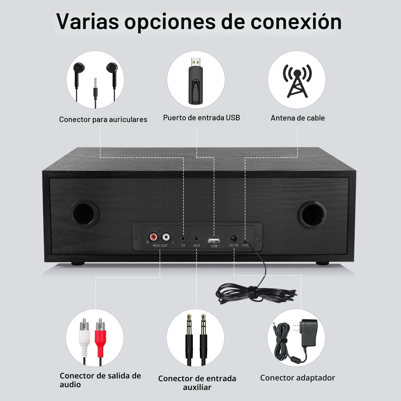 Microcadena CD con Bluetooth, Microsistema Compatible con CD MP3, Radio FM, Estéreo Hi-Fi con Entrada USB AUX, Sistema de Música Reproductor de CD con Salida de Audio, Toma de Auriculares (CD-169)