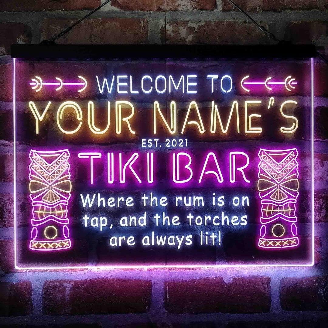 Personalized Tiki Bar Tri-Color LED Neon Light Sign Customize Name Date Text Quote Font White & Purple & Yellow 17.7 x 13.6 Inches st9s43-pm1-tm-wpy