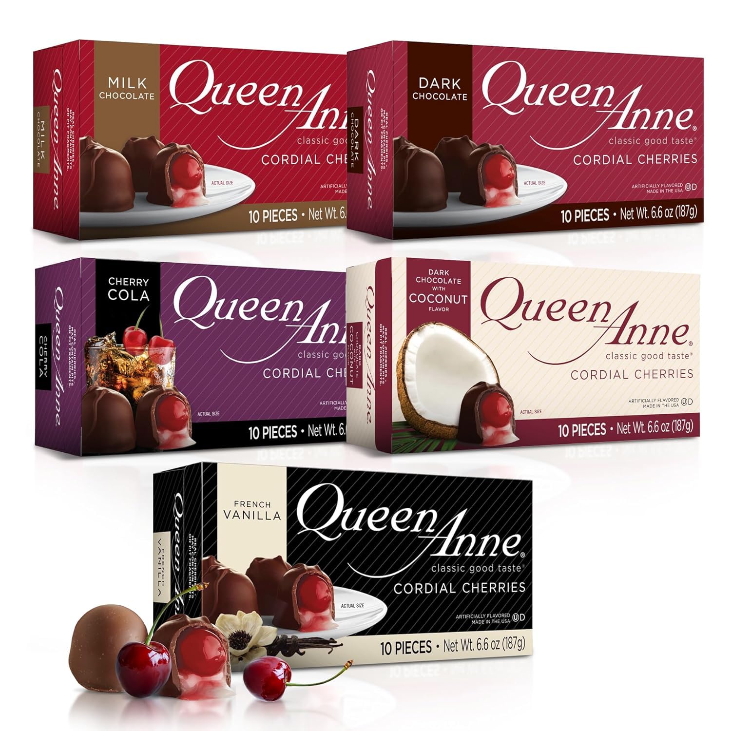 Queen Anne Chocolate Covered Cordial Cherries Variety Pack | 6.6 oz (Pack of 5) | 10 Piece Boxes | Whole Cherry Sweet Creamy Fruity Flavor | Holiday Candy