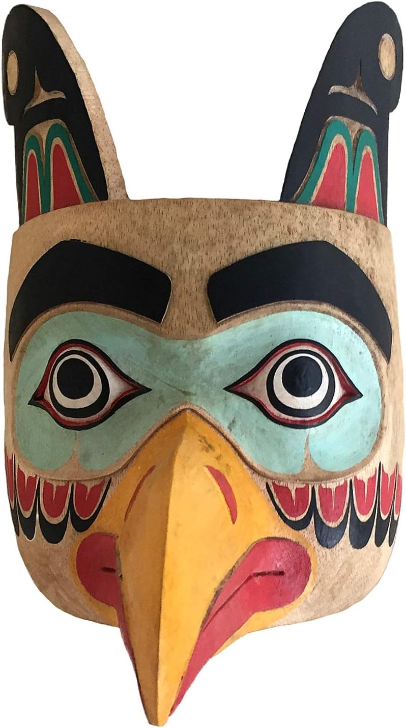 OMA Solid Wood Hand Crafted Eagle Warrior Protection Mask Wall Hanging Decor Native American Northwest Style - Premium Quality