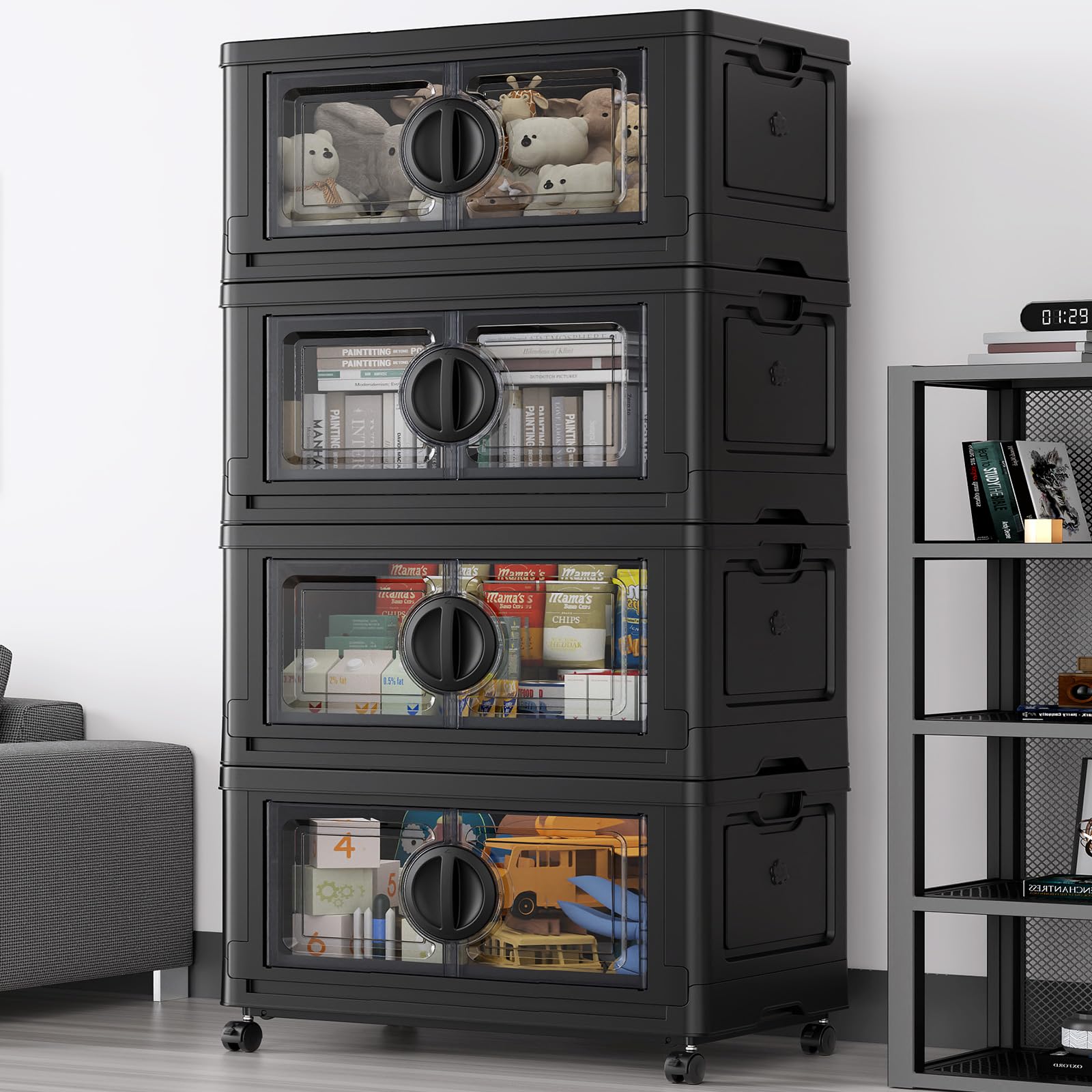 broview 480qt lockable stackable storage bins with lids closet organizers and storage drawer collapsible storage bin with wheels plastic cabinet for toy clothes dorm organizer v9 4 pack black