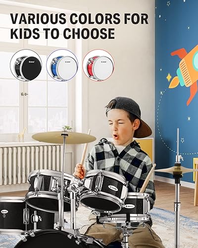 Miniatura 16 de Donner - Juego de batería infantil de 5 piezas para principiantes, kit de batería junior de 14 pulgadas, con trono ajustable, platillo, Hi-Hat, Rojo