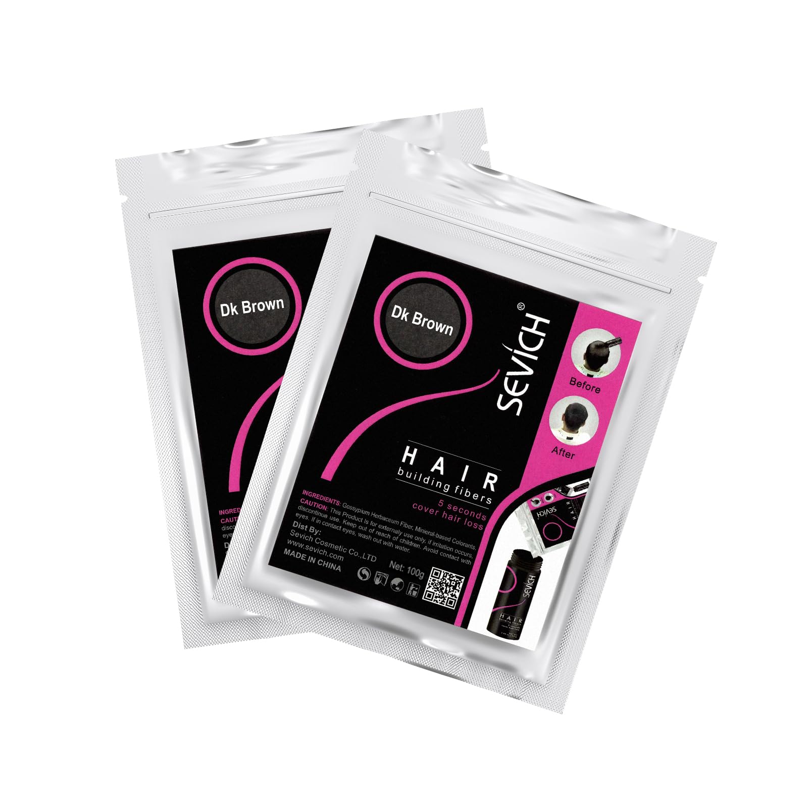 SEVICH Streuhaar 2 Pack（2 x 100g） - 100g Nachfüllpackung Für Haarausfall Oder Dünner Werdendes Haar, Haarverdichtung Für Männer Und Frauen Haar Dunkelbraun
