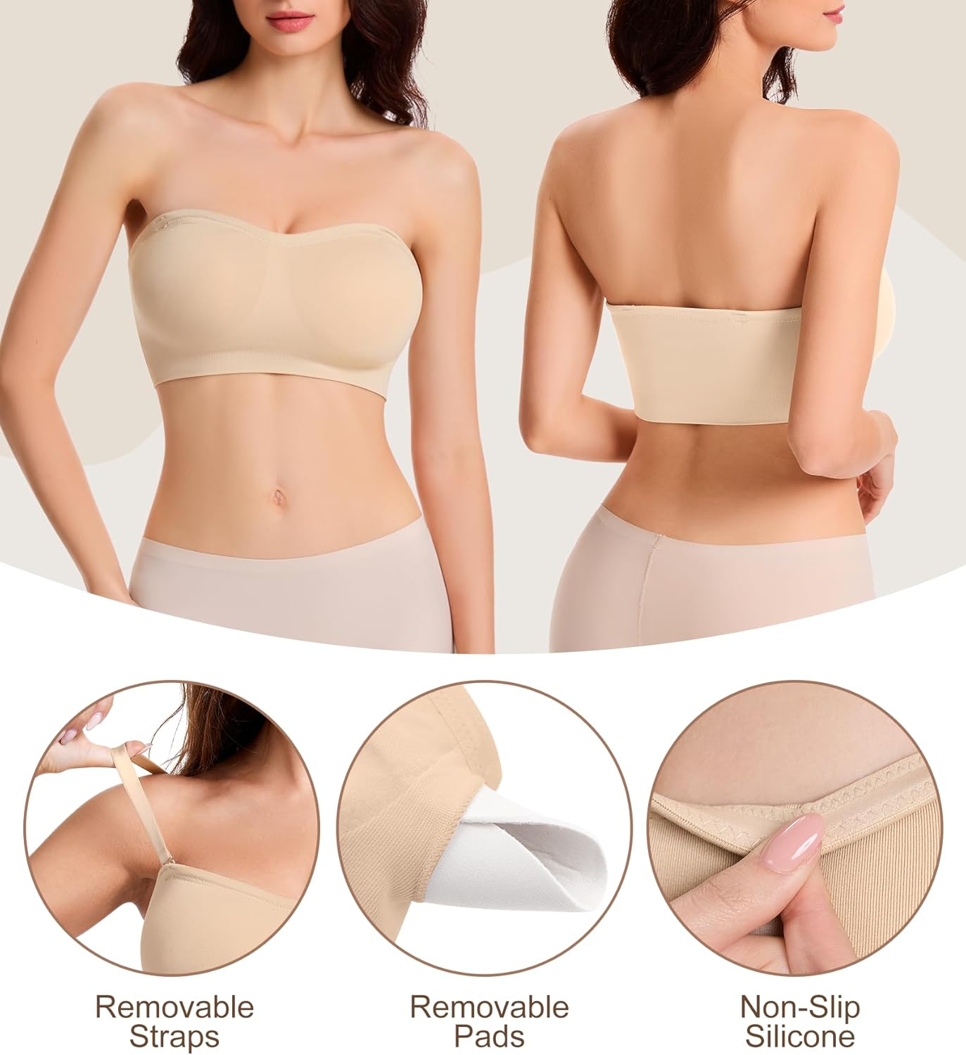 Strapless Bra for Women Wireless Padded Bandeau Bra Seamless Non-Slip Silicone Tube Top Push Up Bralette - Image 5