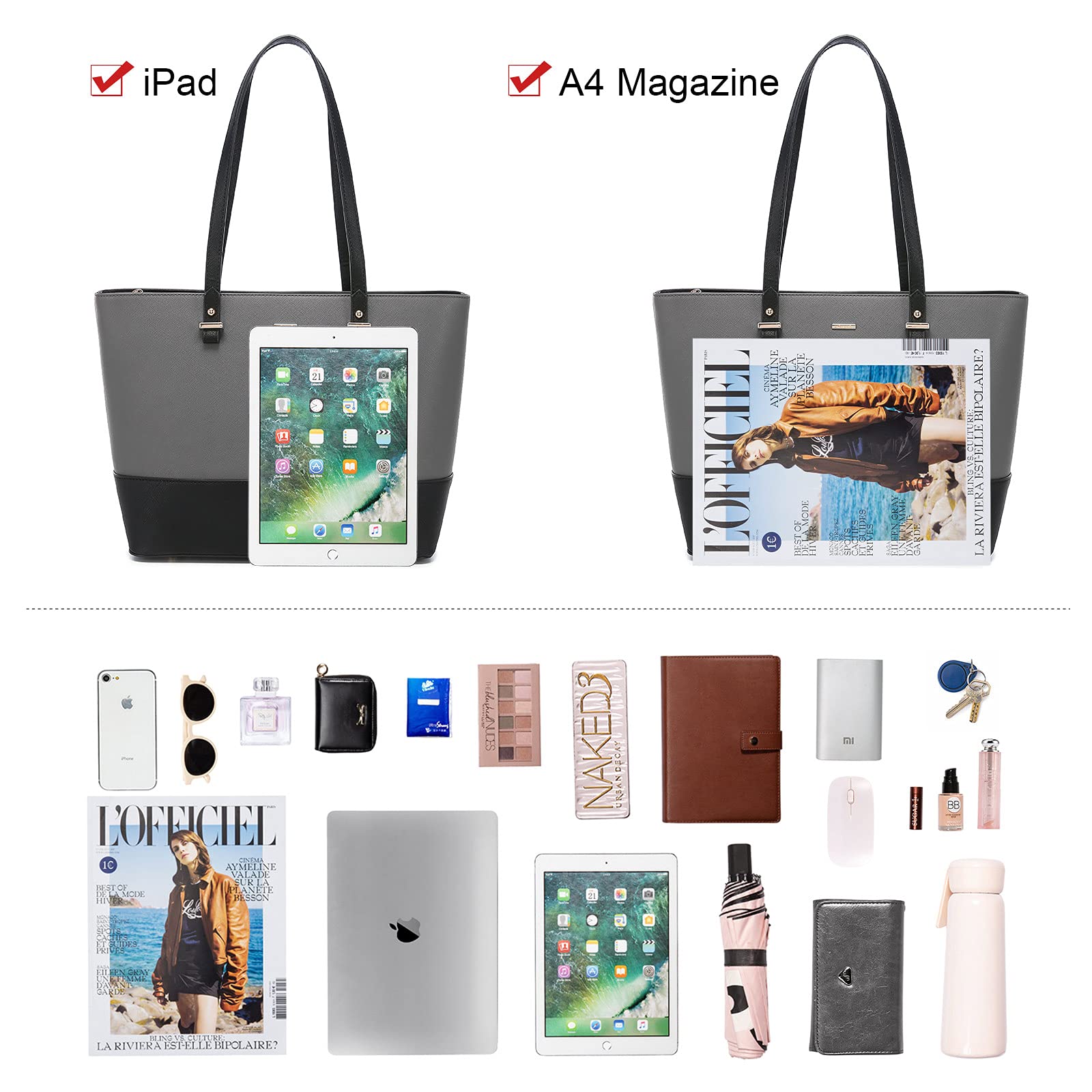 LOVEVOOK Handbags for Women Shoulder Bags Tote Satchel Hobo 3pcs Purse Set: Grey/Black