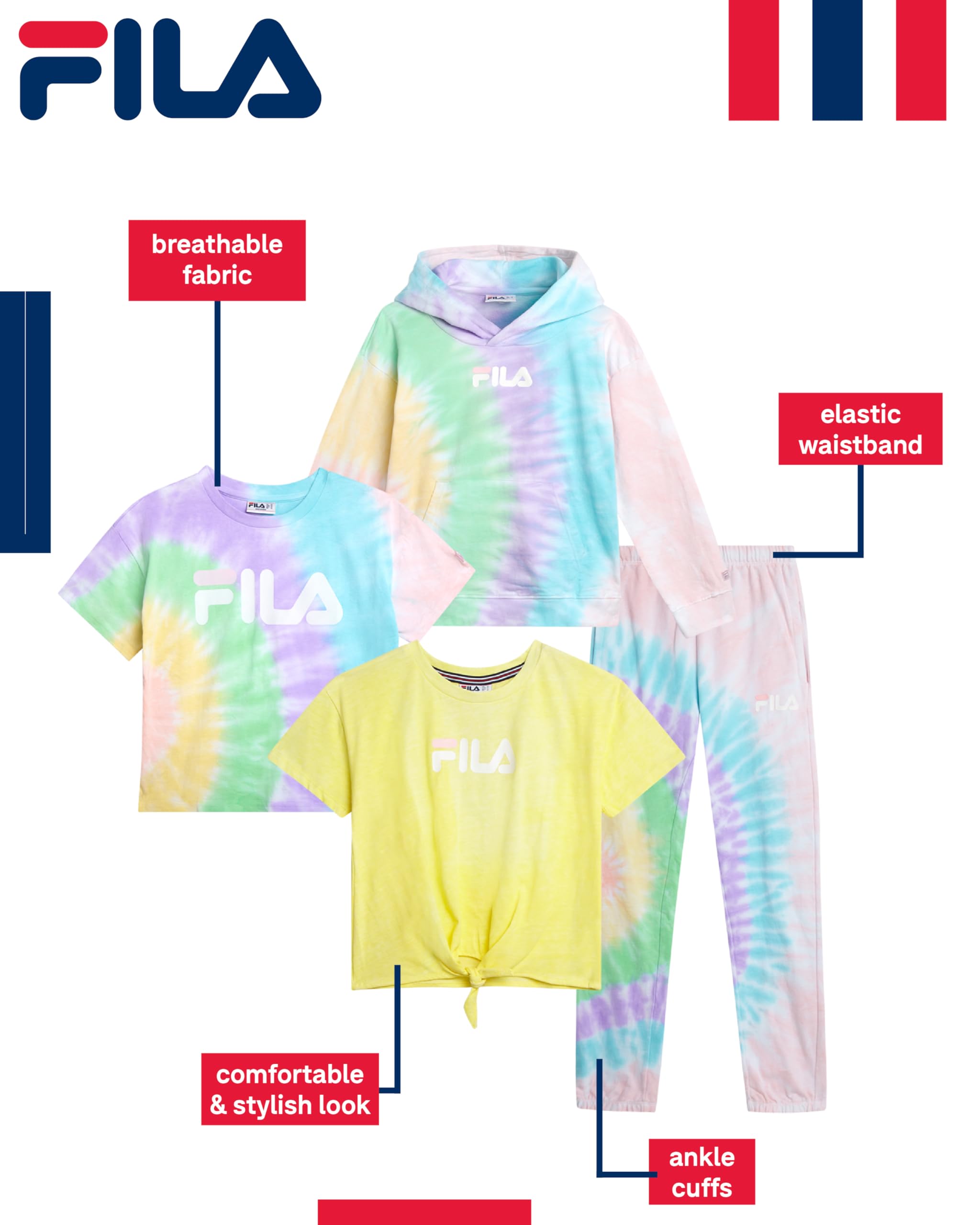 Fila Set di 3 tutine da ragazza con top corto a maniche corte, felpa con cappuccio e pantaloni della tuta per ragazze (7-16)
