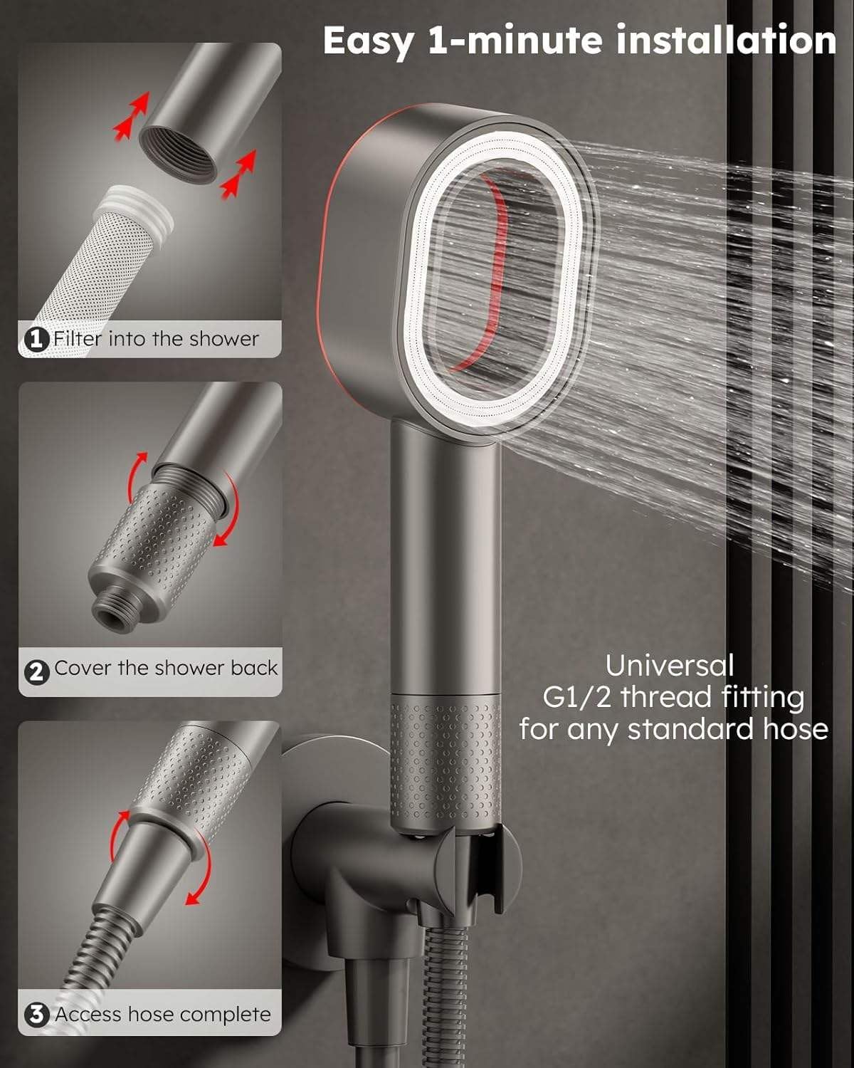 Handheld Showerhead with Charcoal Fiber Water Filter and Vitamin C Infusion | 392 Stainless Steel Holes | Universal Fit