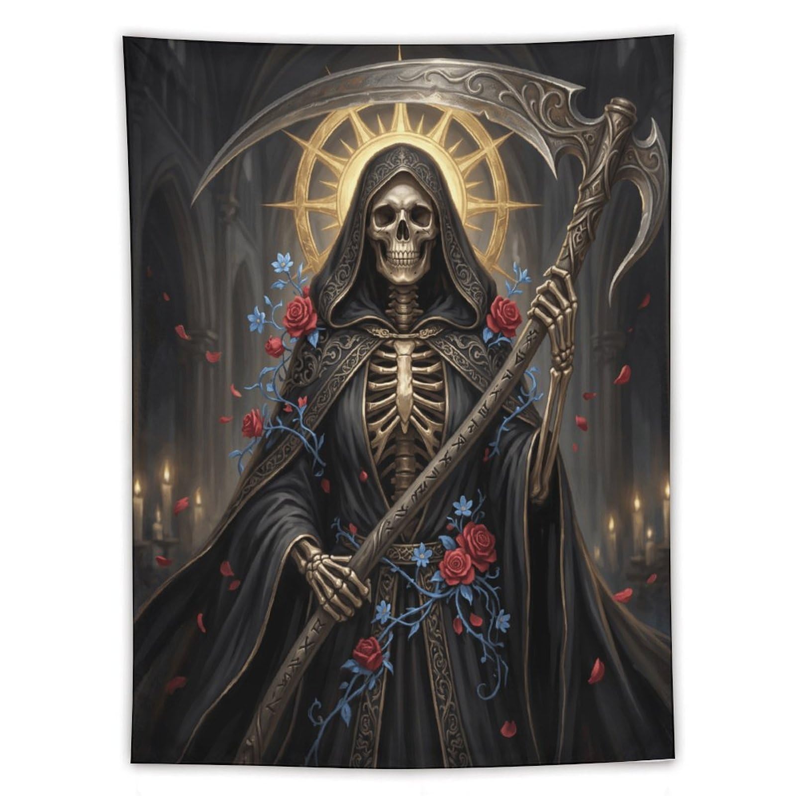 H3B8U2Y5 Grim Reaper Cathedral Wall Tapestry, Realistic Illustration Style