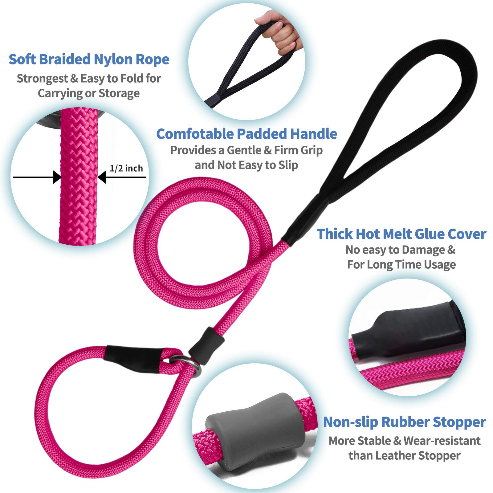 Strong Slip Rope Dog Training Leash (4ft) - Heavy Duty Durable Braided Nylon Lead with Rubber Stopper & Padded Handle - No Pull Walk for Medium Large Small Dogs (Hot Pink, 1/2" x 4ft) — view 5