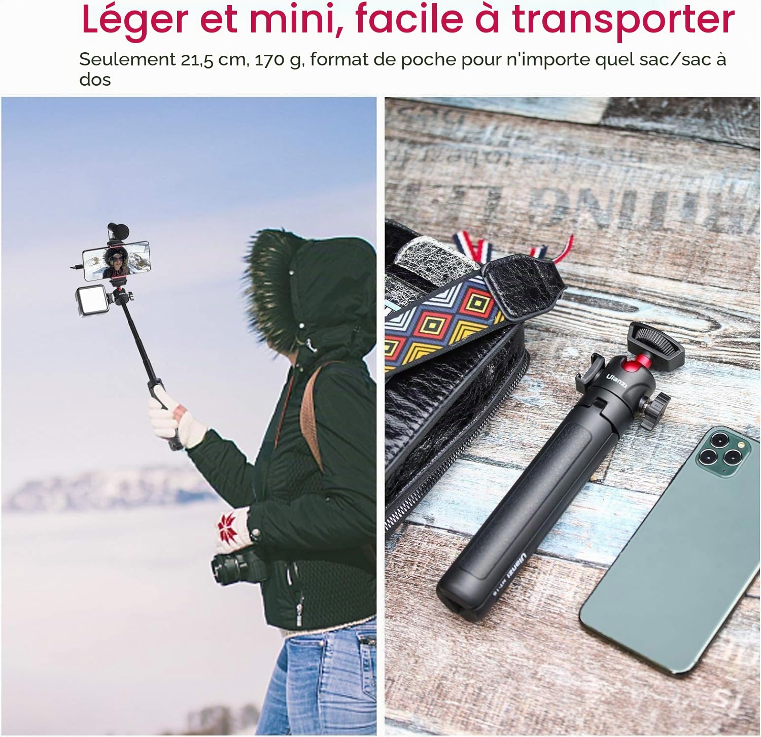 Mini trépied pour appareil photo, ULANZI MT-16 trépied pour vlogging avec tête sphérique 360°, 1/4 vis Cold Shoe Mount, mini trépied extensible de 22 cm à 44 cm, petit trépied pour appareil photo DSLR