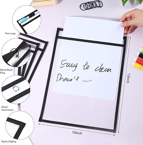 Miniatura 7 de 150 bolsillos de borrado en seco, fundas de bolsillo transparentes de 10 x 13 pulgadas con 18 anillos reutilizables de gran tamaño para boletos de