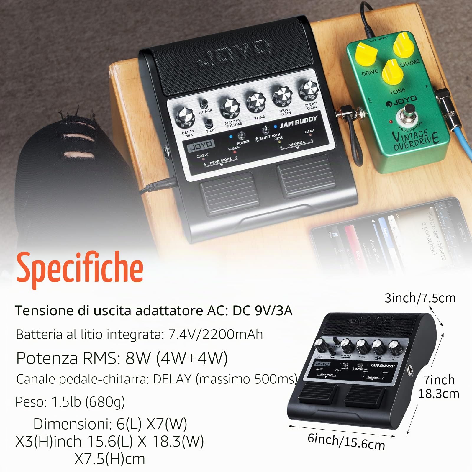 JOYO Jam Buddy Dual Channel - Amplificatore per chitarra elettrica, con 2 altoparlanti Bluetooth 4.0 da 4 W, per esercizio, amplificatore, pedale effetto (nero)
