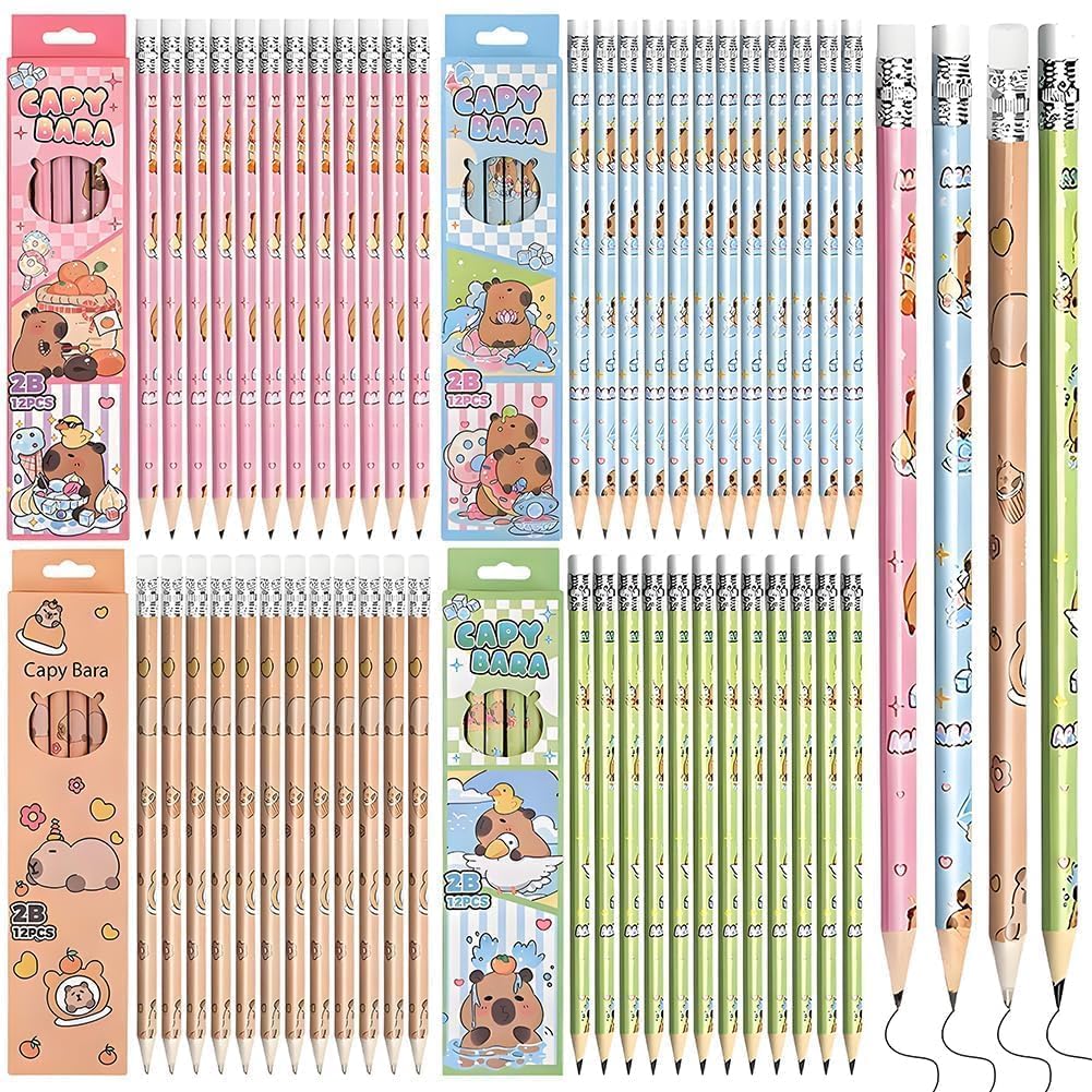 Capybara Themed 2B Pencils, 48 Wooden Pencils Bulk Pack, Assorted Color Cases Pastel Designs, Professional Writing & Sketching Supplies for Students, Artists, School Exams