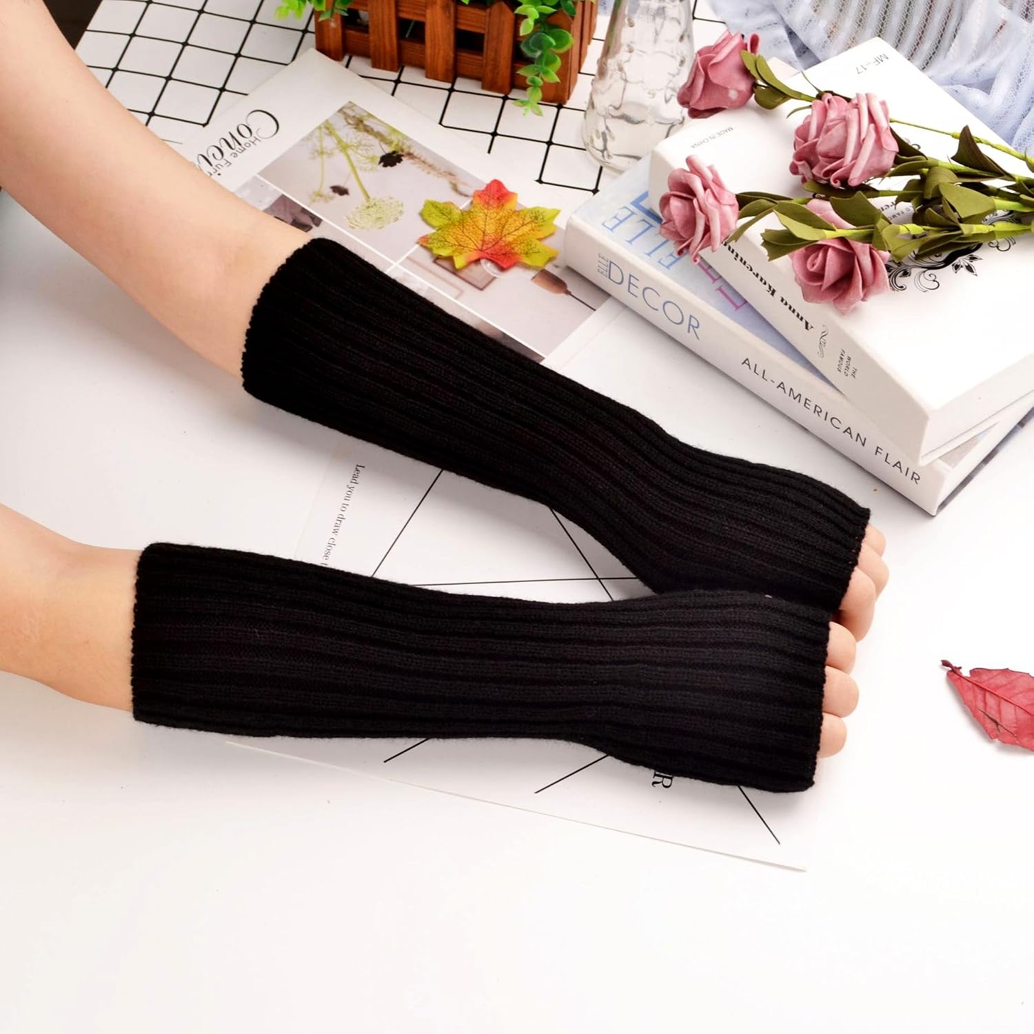 Specell Fashion Arm Warmers Winter Long Fingerless Gloves, Knit Mitten Gloves Arm Sleeves Women With Thumb Hole. For: Unisex