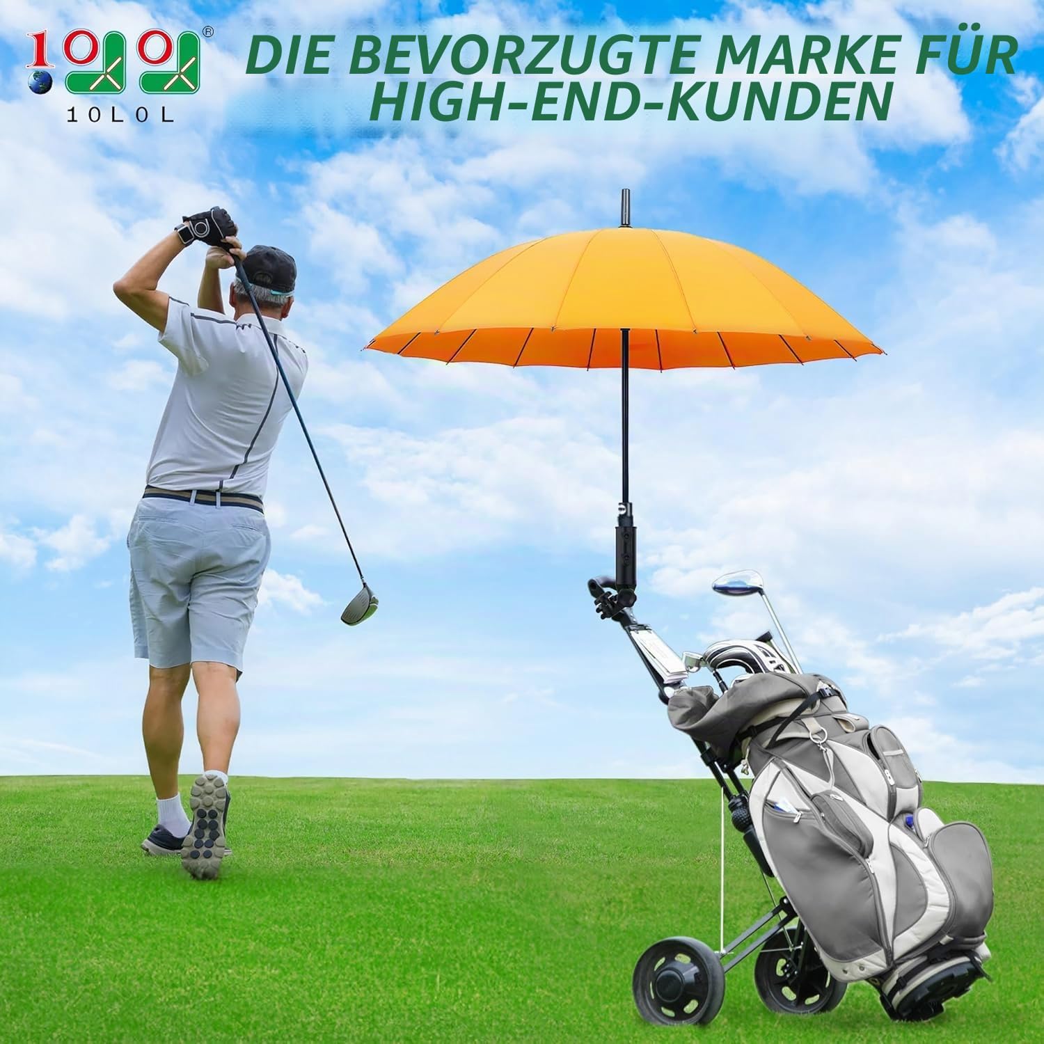 10L0L Strapazierfähiger Golf-Regenschirmhalter, einzigartiger sechseckiger Aluminiumsockel, resistent gegen Wind Bust bis zu 12, Golf Trolley ständer für Motocaddy/Powakaddy/Kinderwagen/Rollstuhl