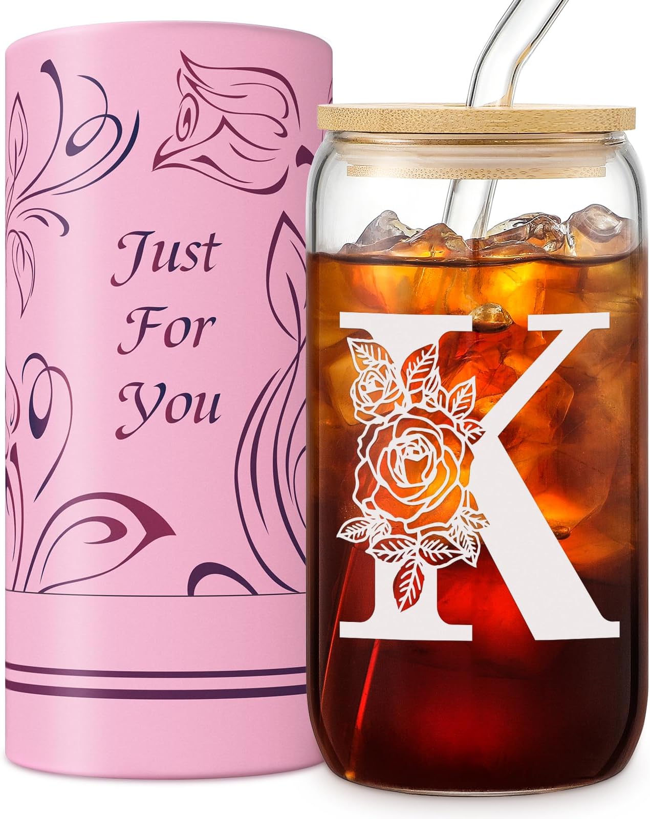 Monogrammed Gifts for Women, Personalized Gifts for Her Mom, Glass Cup with Bamboo Lids and Straws 16 oz, Iced Coffee Cup, Tea Cup, Cute Aesthetics custom Tumbler Cup, Mothers Day, Birthday Gifts - K