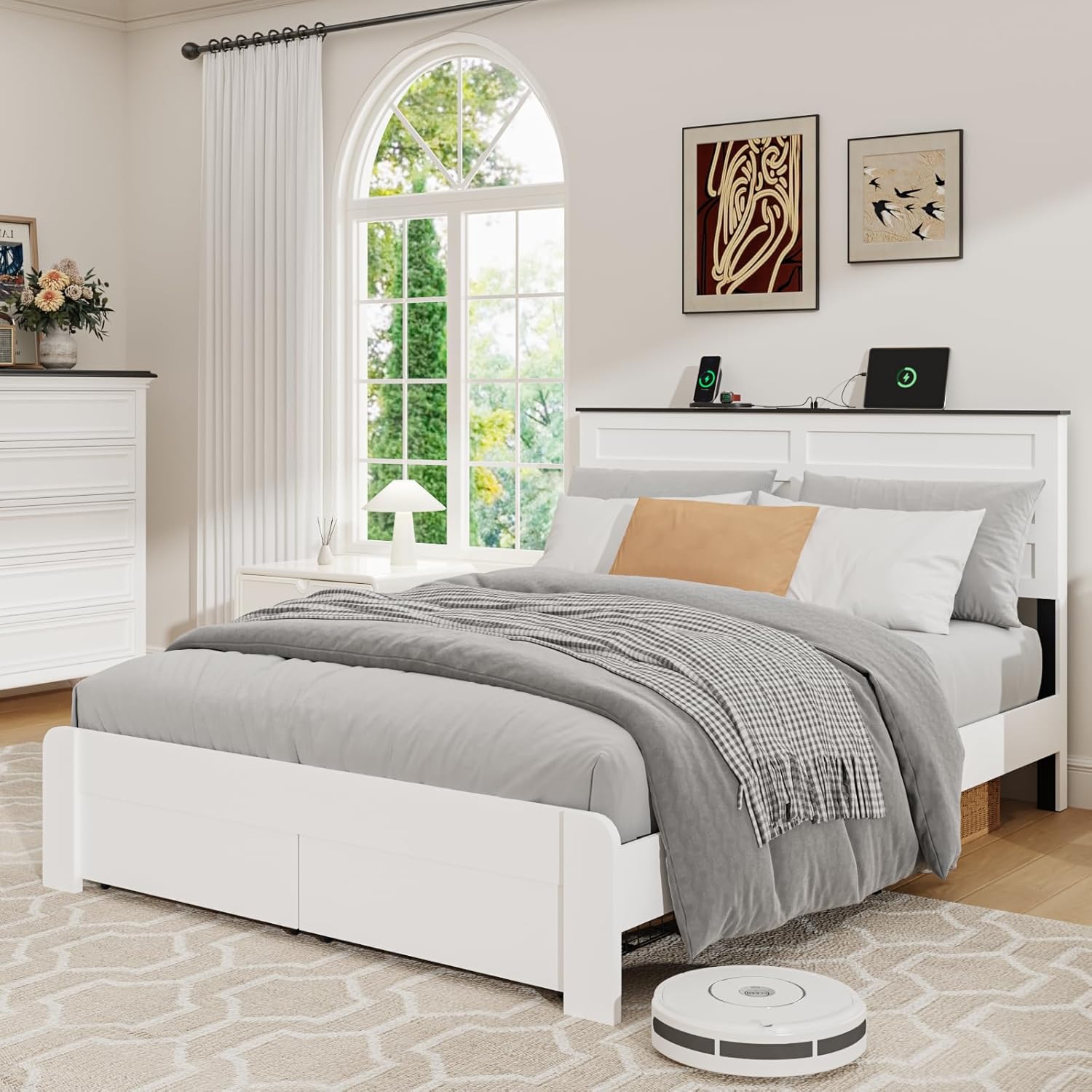 Queen Size Bed Frame with Headboard, Metal Platform Bed Frame with 2 Storage Drawers, Built-in Charging Station, Sturdy Metal Support, No Box Spring Required, Noiseless, Easy Assembly, White