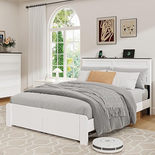 Queen Size Bed Frame with Headboard, Metal Platform Bed Frame with 2 Storage Drawers, Built-in Charging Station, Sturdy Metal Support, No Box Spring Required, Noiseless, Easy Assembly, White