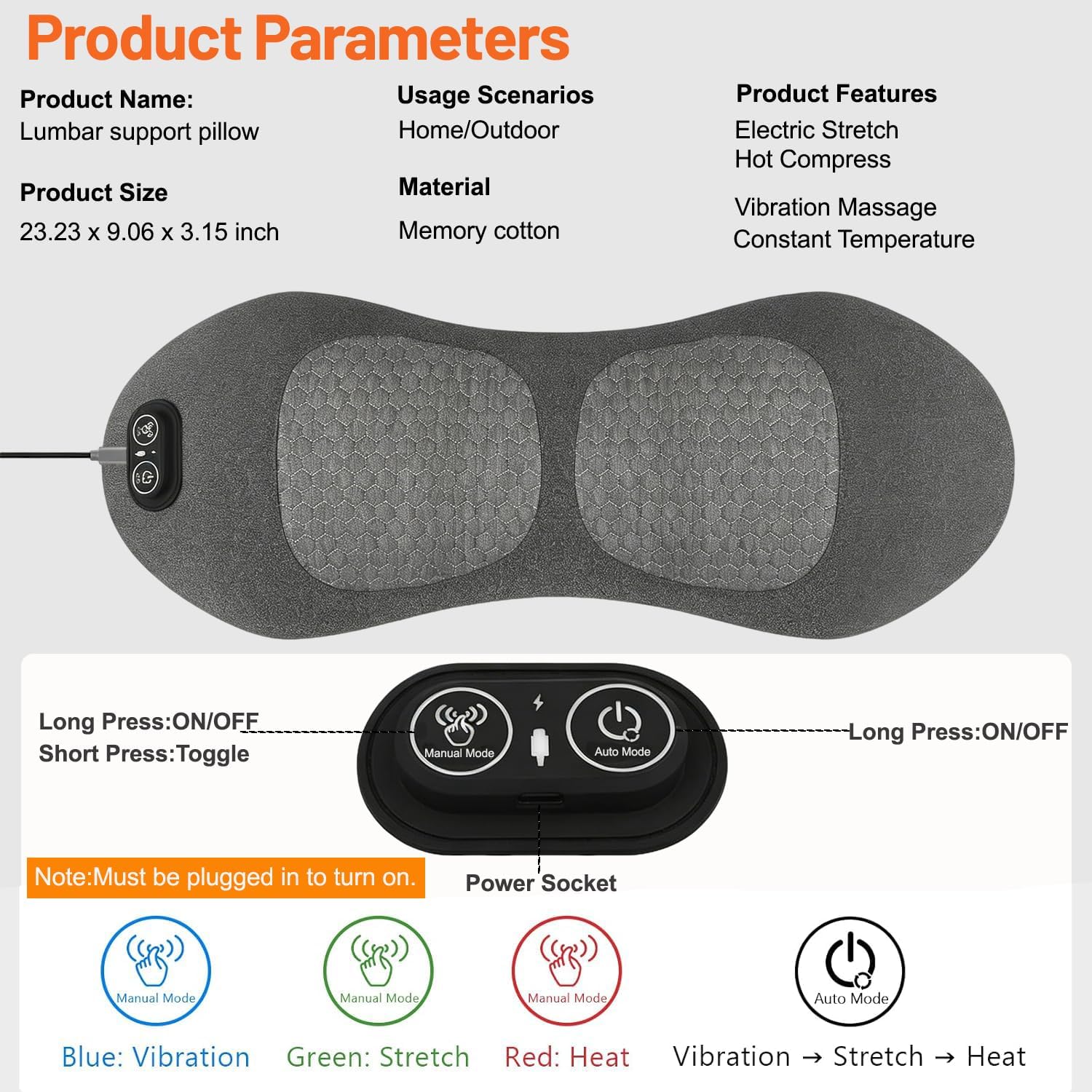 Smooth Triple Fusion Back Massager for Chair and Bed,3 in 1 Electric Lumbar Support Pillow with Heat, Vibration & Traction for Lower Back Pain Relief and Spine Support