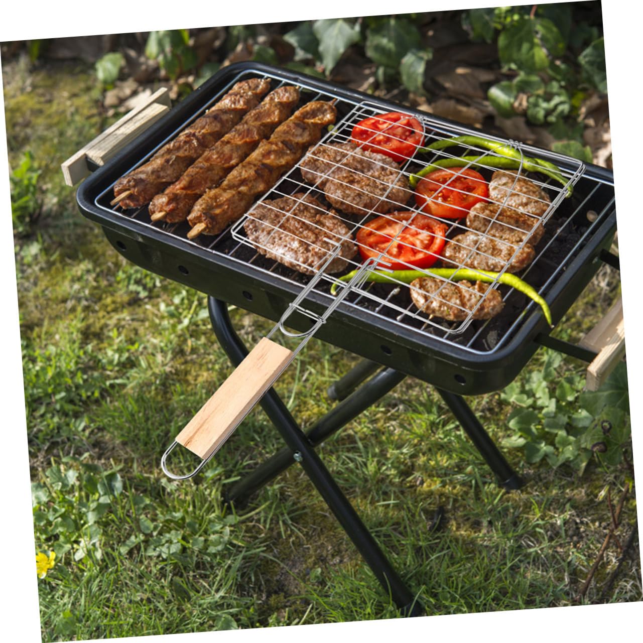 Zestaw narzędzi do grillowania na świeżym powietrzu – kosz do grillowania ryb, wytrzymałe szczypce i stojak do grilla, do idealnie ugotowanej wołowiny, kurczaka i kiełbasy, idealny na kemping i