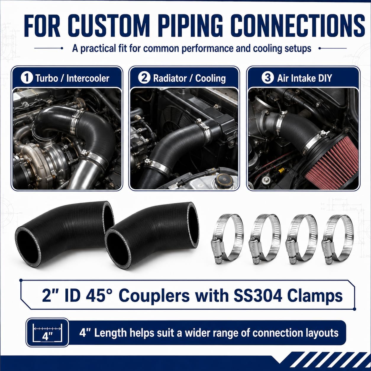 2-Pack 2" ID 45° 4inch Length Silicone Hose Coupler, 4-Ply Reinforced High Temp 5mm Wall with 4 SS304 Clamps, For Turbo Intercooler, Radiator & Air Intake DIY
