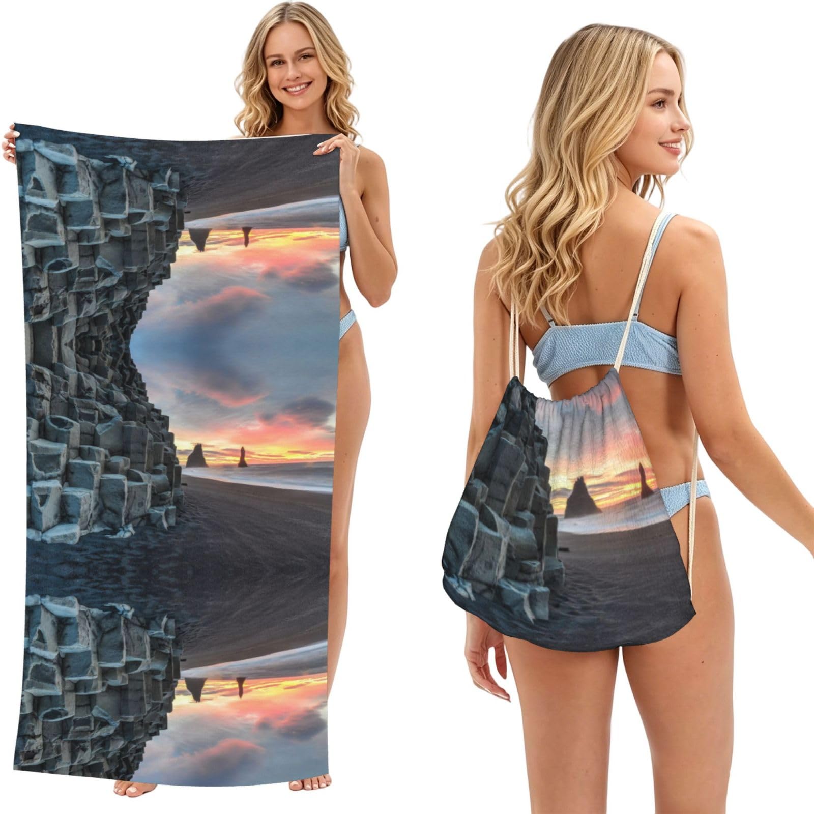 SATUSA Sunrise On Beach Print 2-In-1 Foldable Beach Towel Backpack â€“ Camping, Yoga And Travel,Bath Towel With Built-In Storage, Convertible Beach Mat & Carry Bag