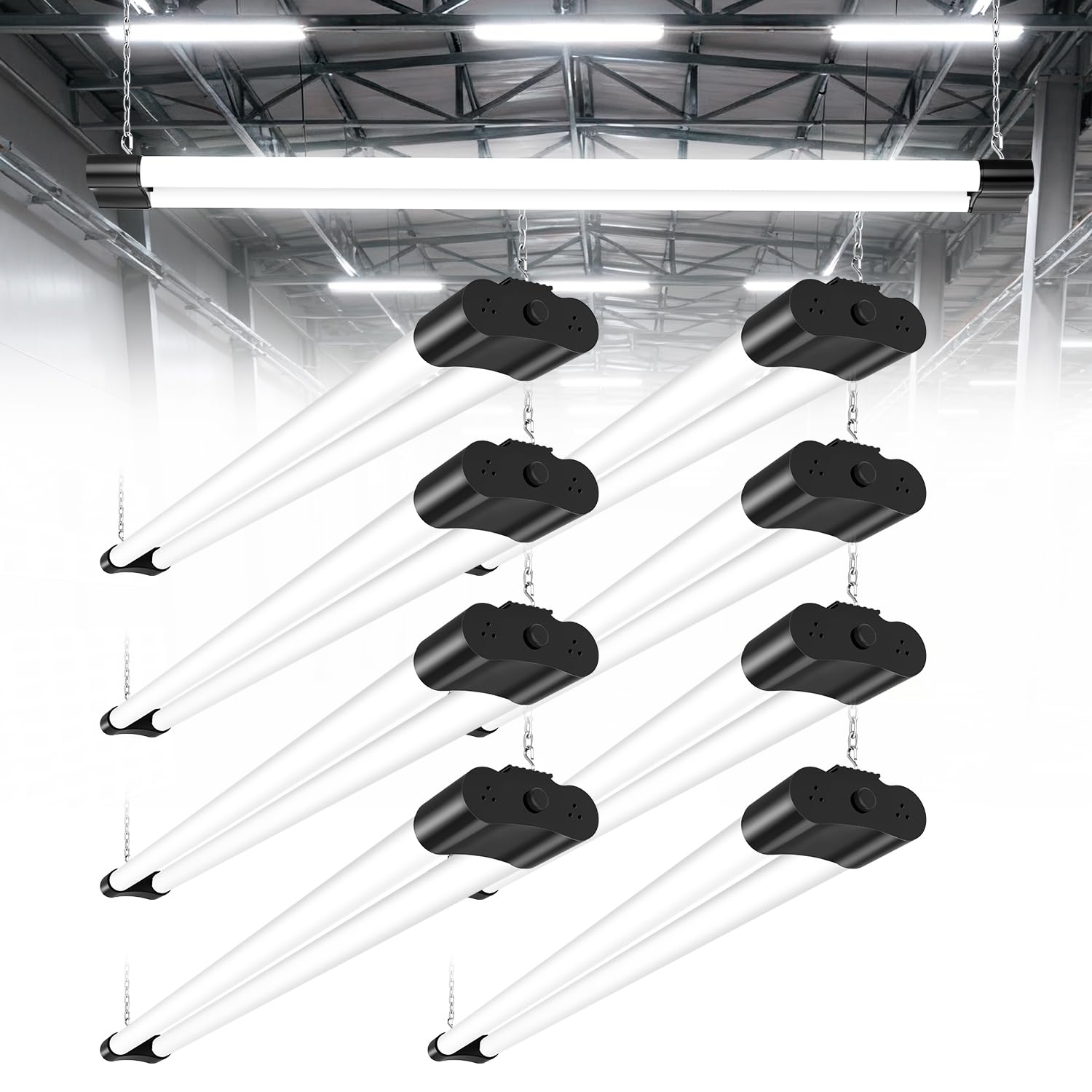 Viugreum 4FT LED Batten Light 8 Packs, Waterproof Plug in Ceiling Lights, Daylight 6500K T8 Strip Light 42W 5000 Lumen Shed Lights, 1.5M Cable with Switch for Garage Loft Workshop Office Warehouse