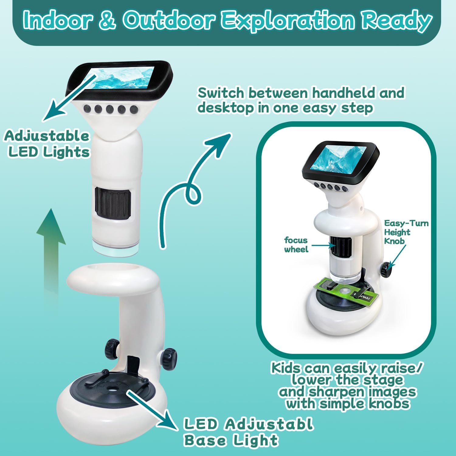 Microscope for Kids with 12 Slides, 200X-1000X,2.4" Screen Digital Handheld Kids Microscope Kit, Portable Pocket Removable Miniscope Science Toys Gifts for for 3 4 5 6 7 8 9 10 11 12 Year Old