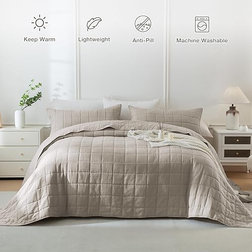 Miniatura 2 de Masaca Colcha extragrande King de 120 x 120 pulgadas, juego de edredón de tejido de gofre, juego de ropa de cama de 3 piezas, color caqui oscuro,