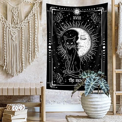 Miniatura 7 de Tapiz vertical gótico de gato negro, bruja, carta de tarot en blanco y negro, alas de murciélago, gatos, tapices geniales para hombres, fases