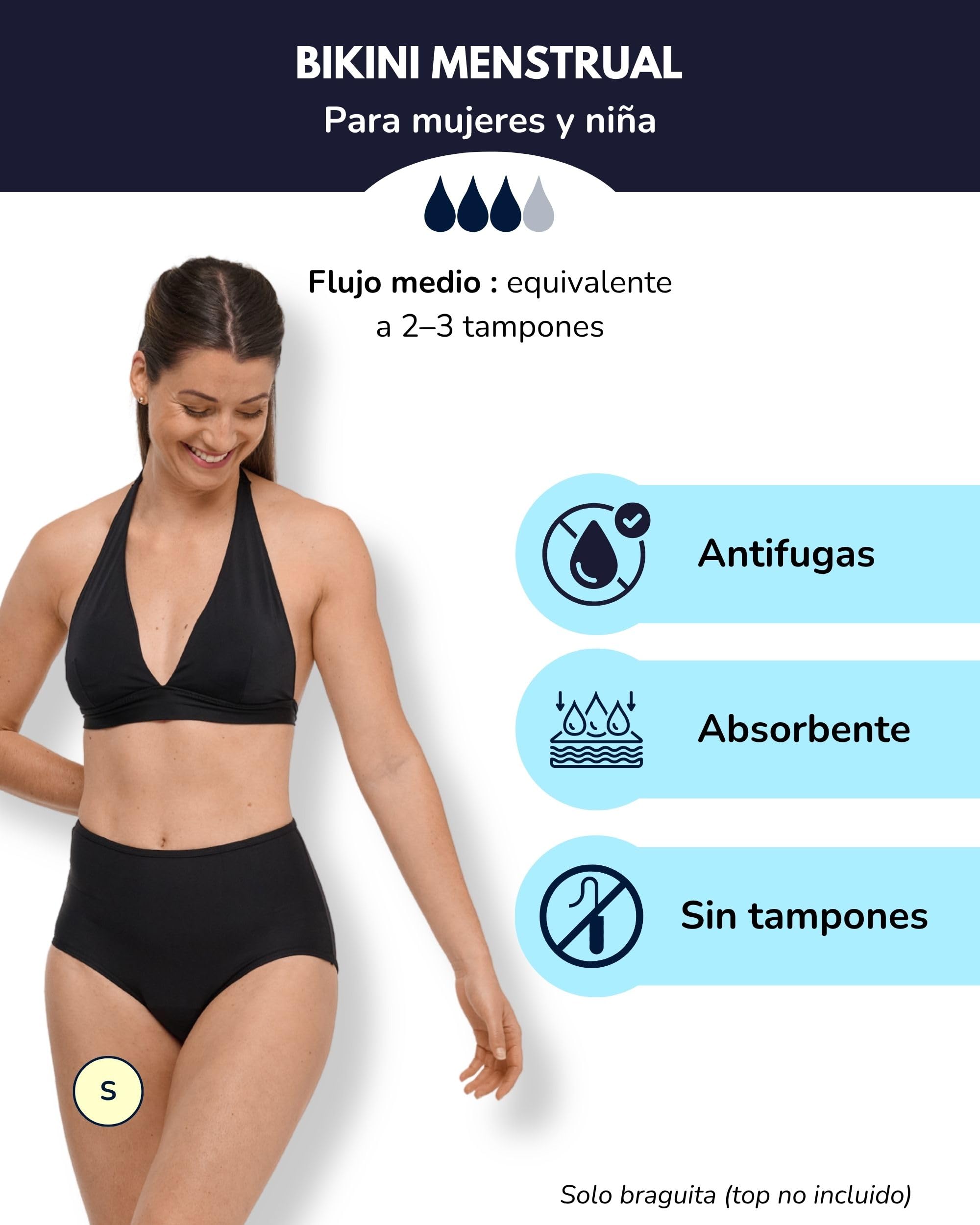 SORIO Bañador Menstrual Alta Cintura Mujer Antifugas Antiodor Braga Bikini Flujo Moderado Naya