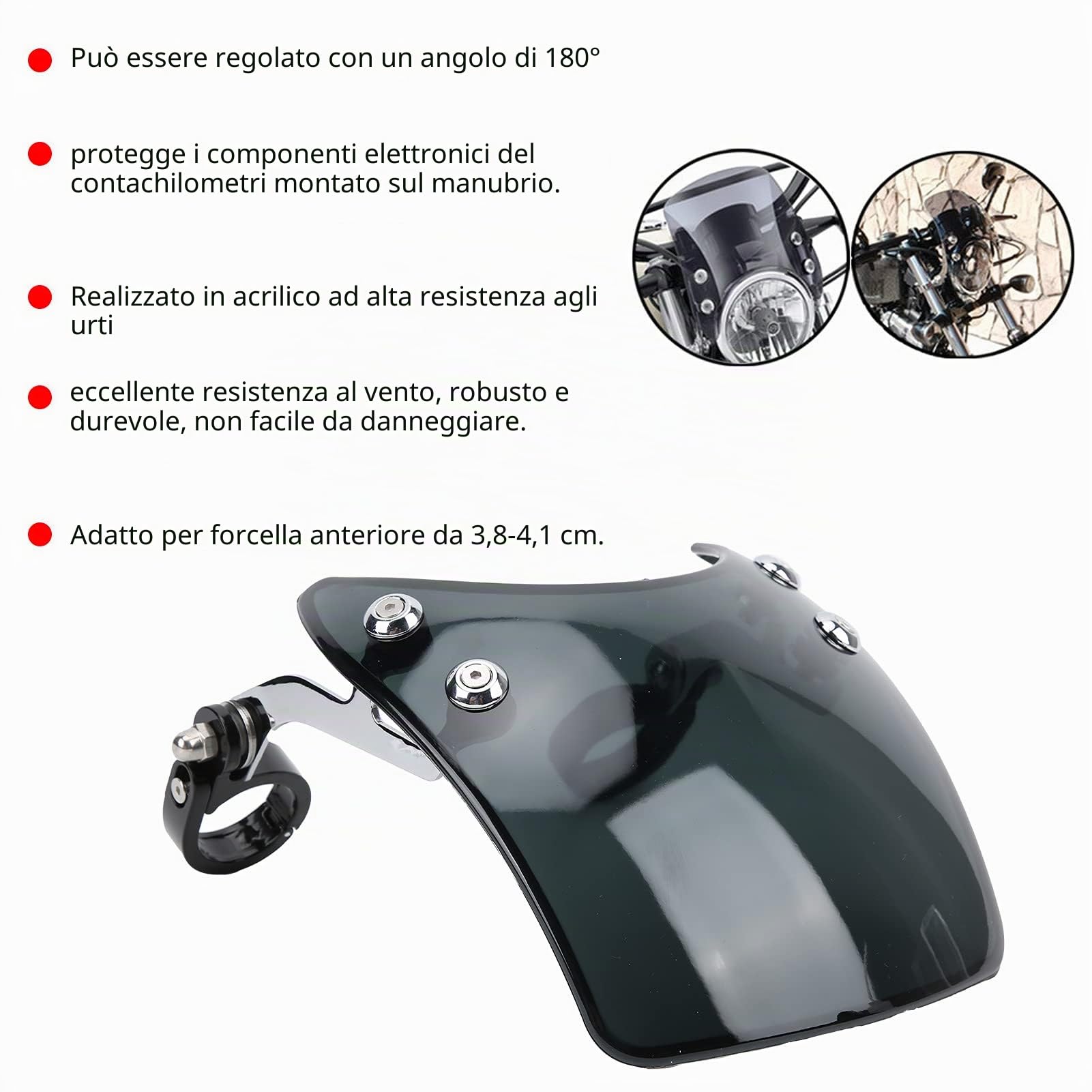 KIMISS Parabrezza per Moto, Parabrezza per Deflettore del Vento Cupolino Regolabile a 180° Universale per Forcella Anteriore da 1,5-1,6 Pollici (acrilico)(nero)