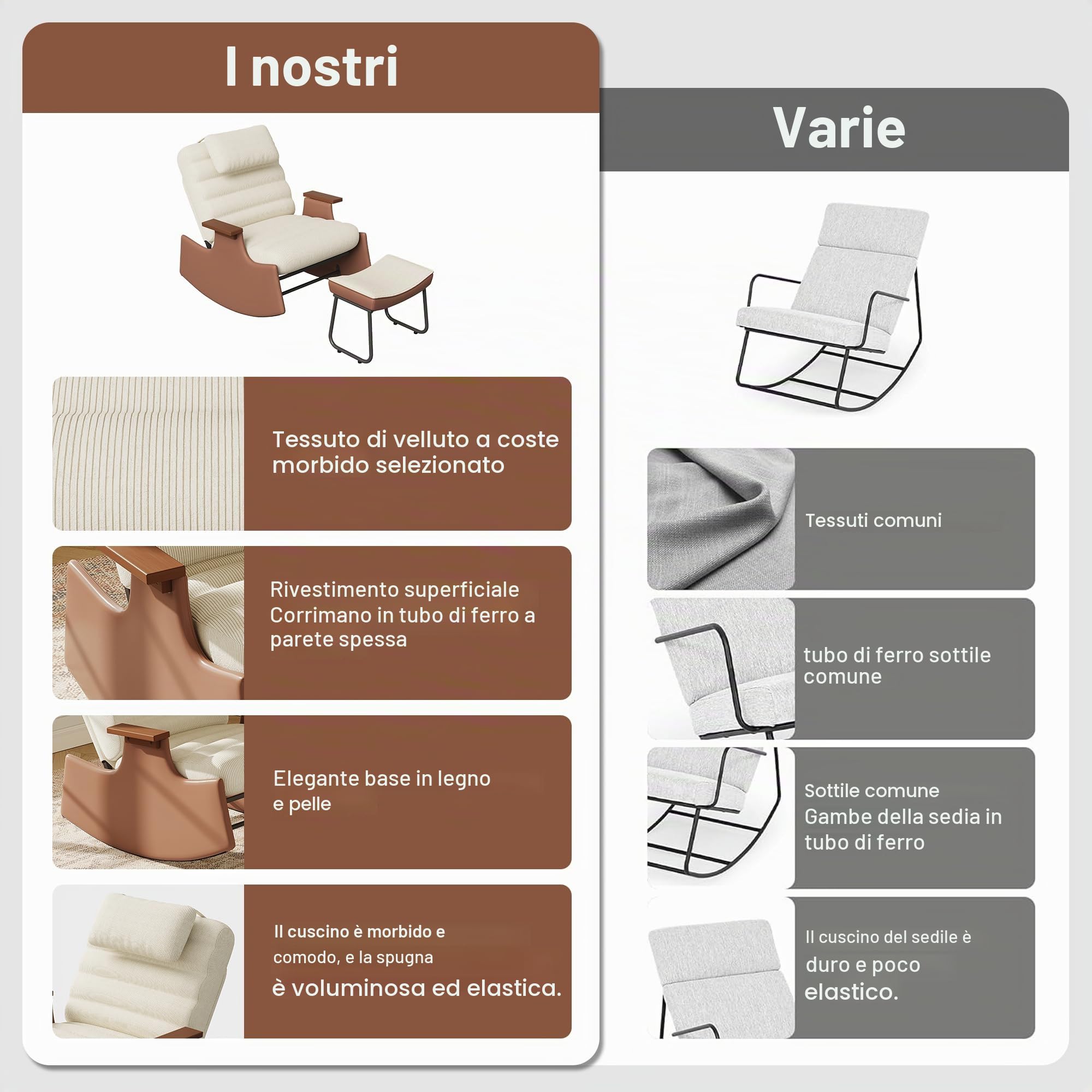 Sedia a dondolo con sgabello, beige, poltrona a dondolo con poggiapiedi e 3 schienali regolabili, poltrona imbottita con braccioli e poggiatesta, sedia relax per soggiorno, moderna, in pelle di