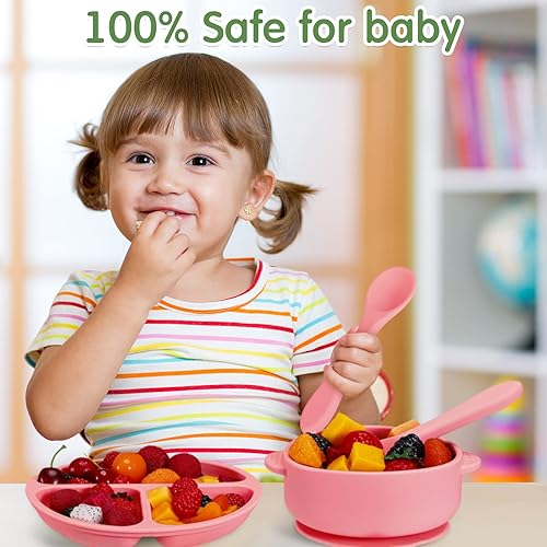 Miniatura 6 de Juego de 9 platos de succión de silicona para bebés y niños pequeños con ventosa, utensilios para niños, platos divididos, juego de alimentación con