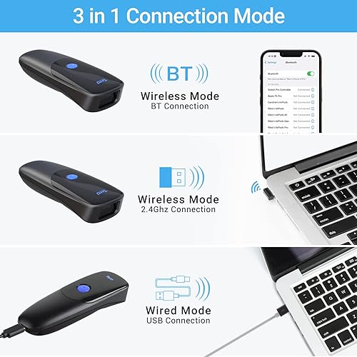 Miniatura 3 de Tera Pro 2D QR - Escáner de código de barras inalámbrico mini portátil 3 en 1 compatible con Bluetooth y 24G inalámbrico y USB con bolsillo con