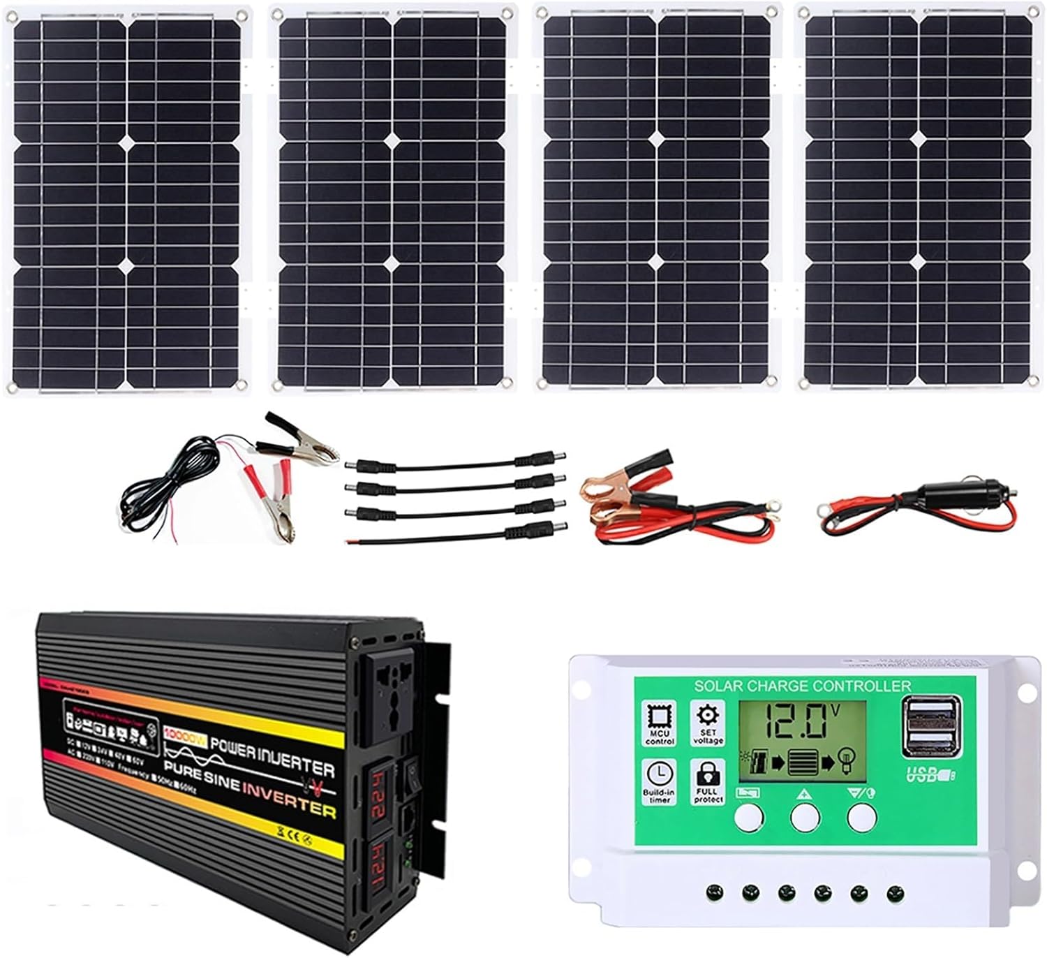 100W 12V Monocrystalline Silicon Solar Panel Charging Kit with 10000W DC12V-AC110V/220V Car Inverter + 50A Solar Controller, Suitable for Cars, RVs and Campers(12V-110V)