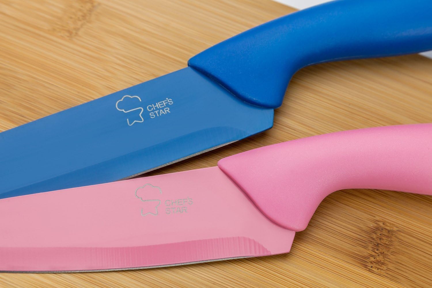 Chef's Star 6 Piece Colored Stainless Steel Kitchen Knife Set with Titanium Coating - Chef Knife, Bread Knife, Carving Knife, Paring Knife, Utility Knife and Acrylic Knife Block