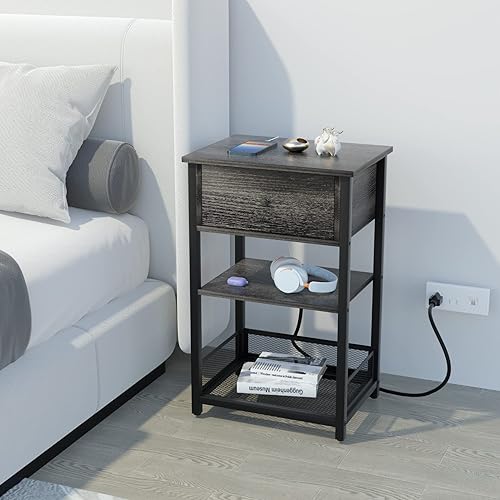 Miniatura 7 de YAKANJ Moderna mesita de noche con estación de carga y cajón, mesa auxiliar de 3 niveles para sala de estar, dormitorio, mesa de sofá estrecha con