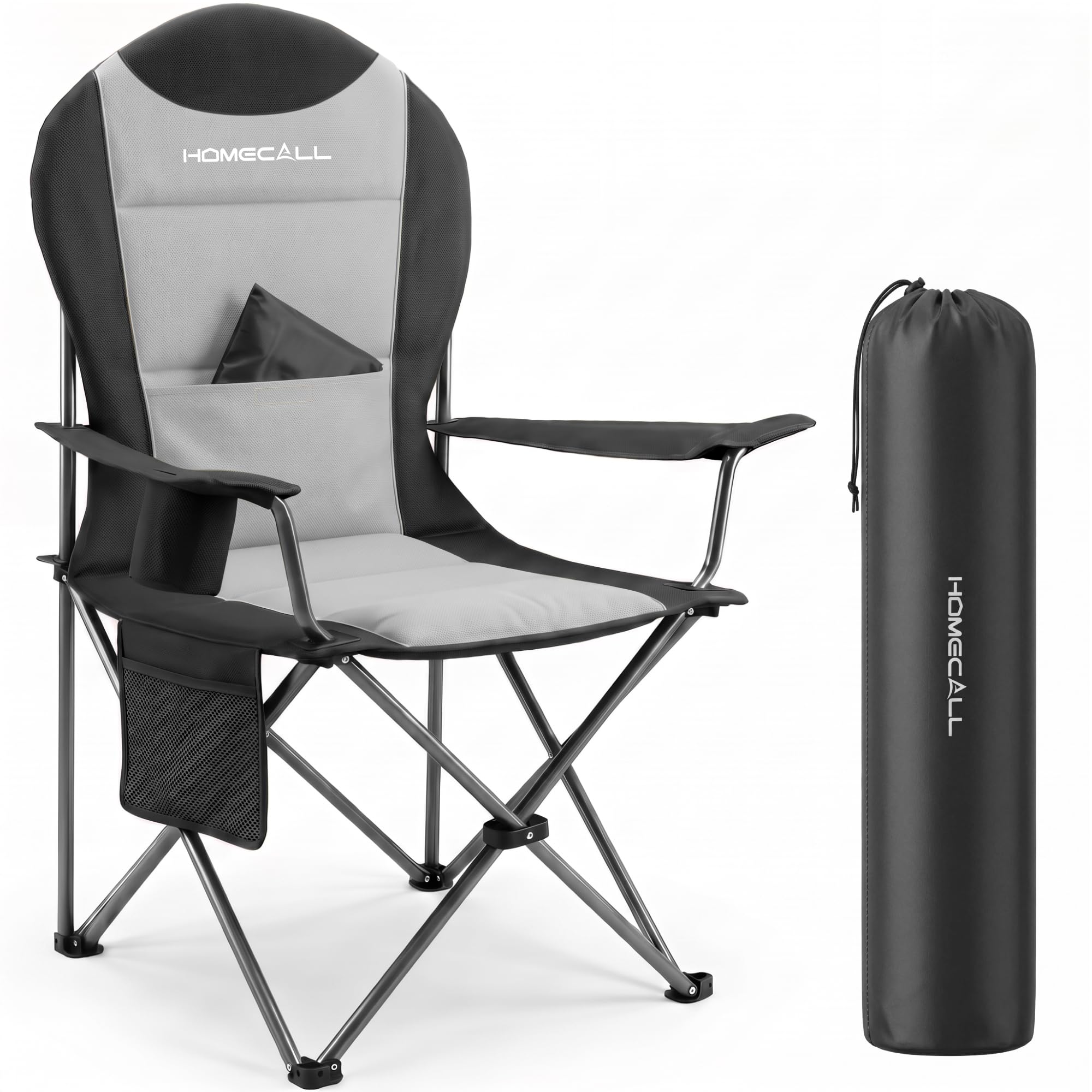 Homecall Campingstuhl Faltbar 150kg Belastbar Campingstuhl Hochlehner 108cm mit Lendenwirbelstütze, Gepolstert Klappstuhl Camping Stuhl Angelstuhl Faltbar für Garten Picknick (Grau - 1 Stück)