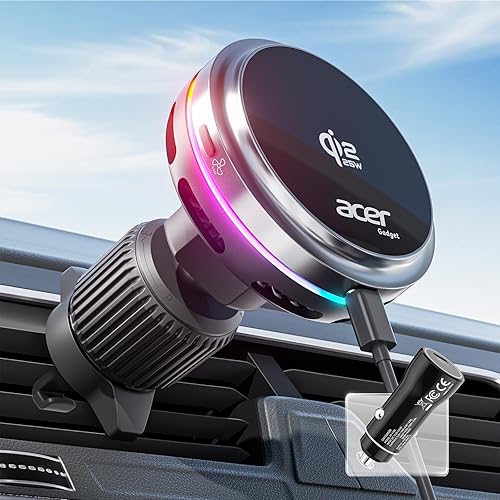 acer Qi2.2 Cargador de montaje de coche Mag-Safe de 25 W, cargador de coche inalámbrico con ventilador de refrigeración, panel de metal y